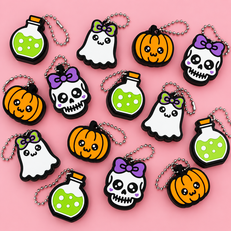 Four Halloween fidget clicker keychains—pumpkin, ghost, skull and potion—on a pink background