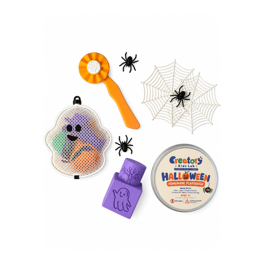 Halloween Playdough Sensory Kit with ghost container, dough tin and tools