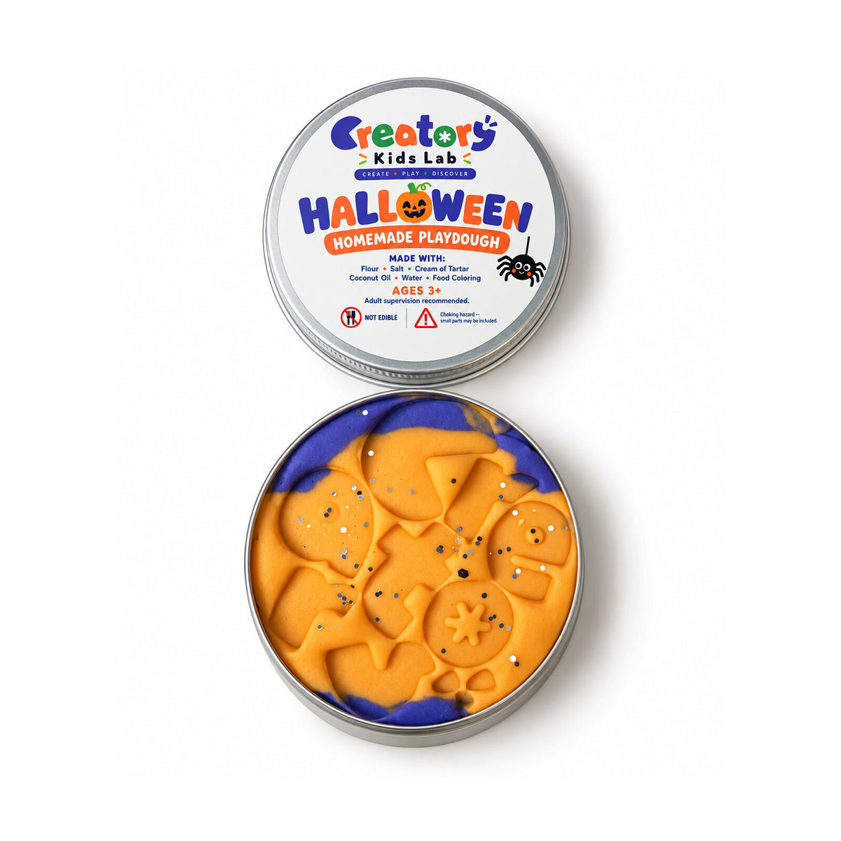 Open Halloween Playdough Tin with orange and purple dough