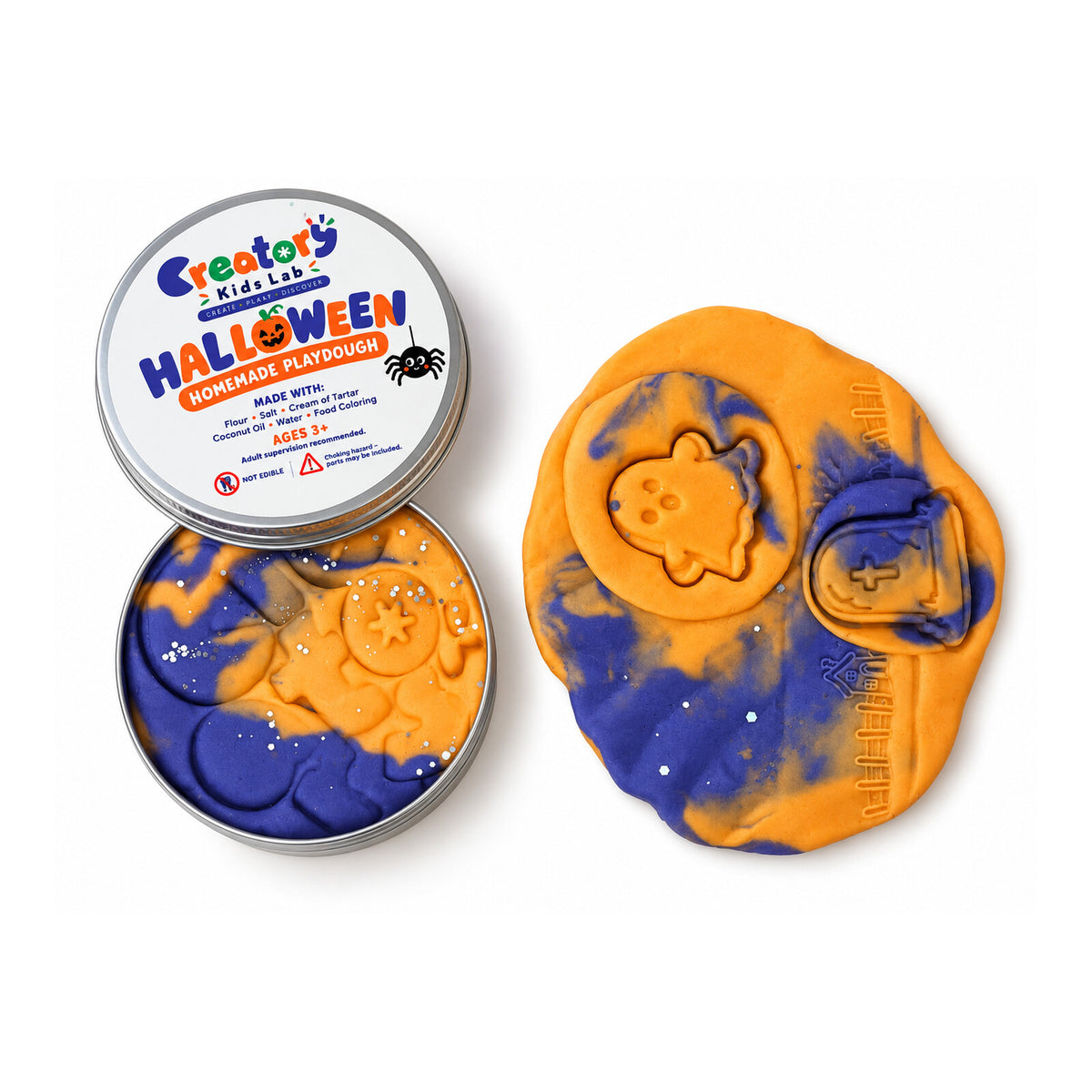 Halloween Playdough Tin beside rolled orange and purple dough with impressions