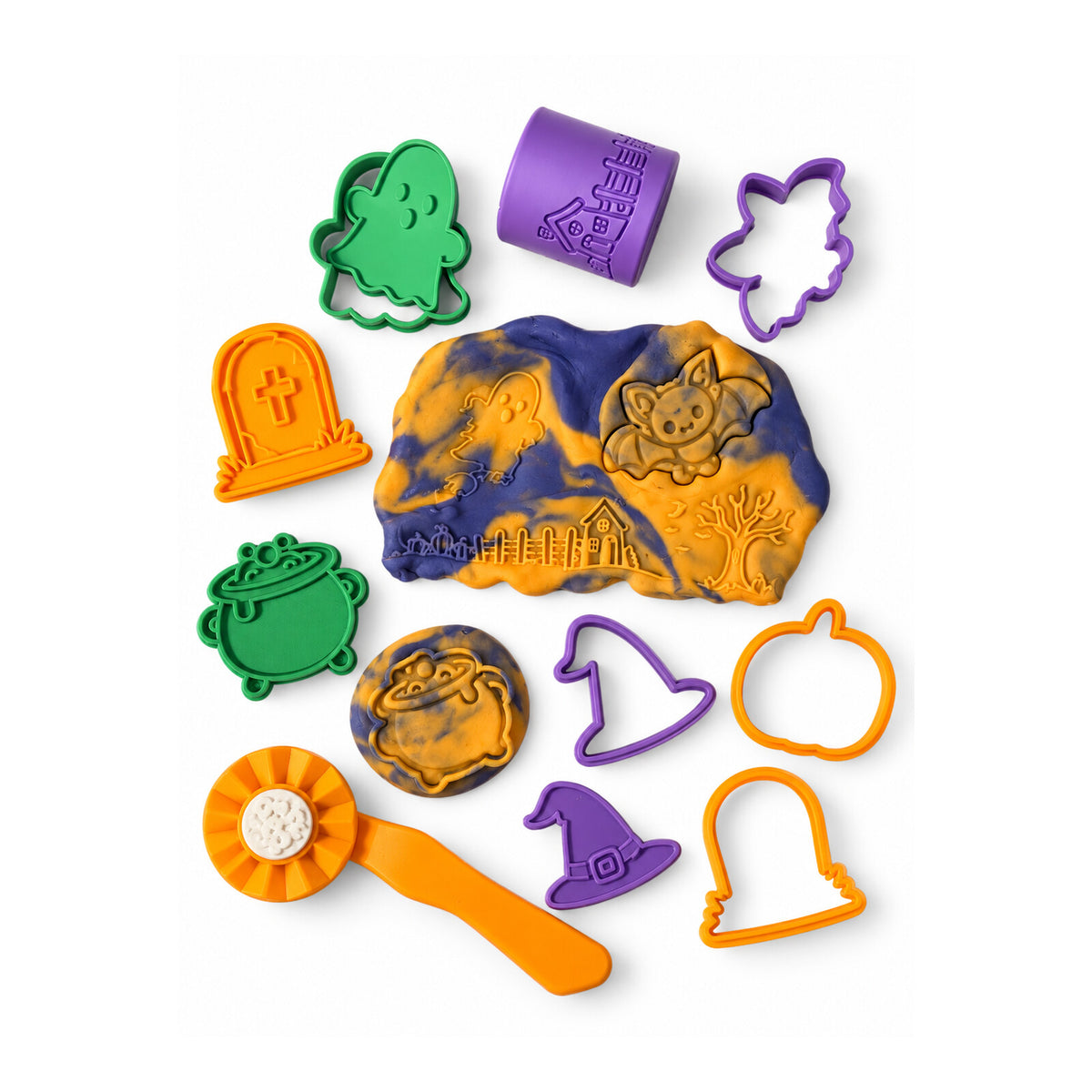 Halloween dough with cutters, stamps, a stamp cube and an orange roller