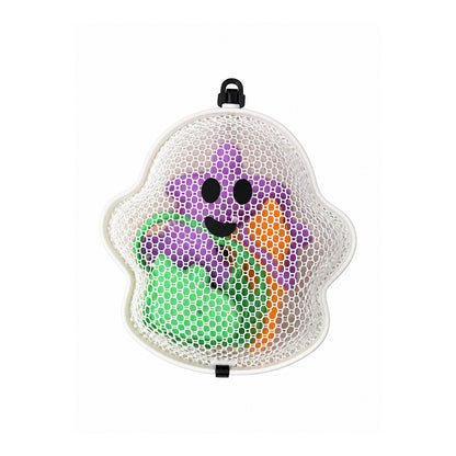 Closed smiling ghost-shaped container with colorful tools visible inside