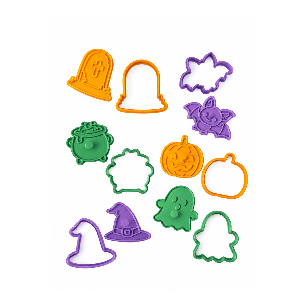 Six Halloween designs shown as matching cutters and stamps