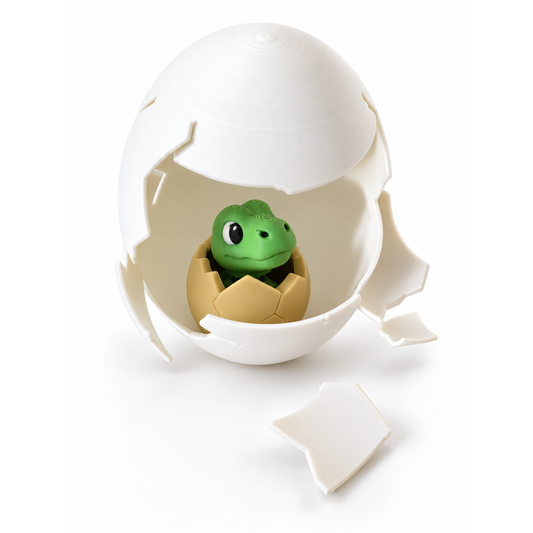 Open white outer egg showing the green Little Hatchling Dino Clicker