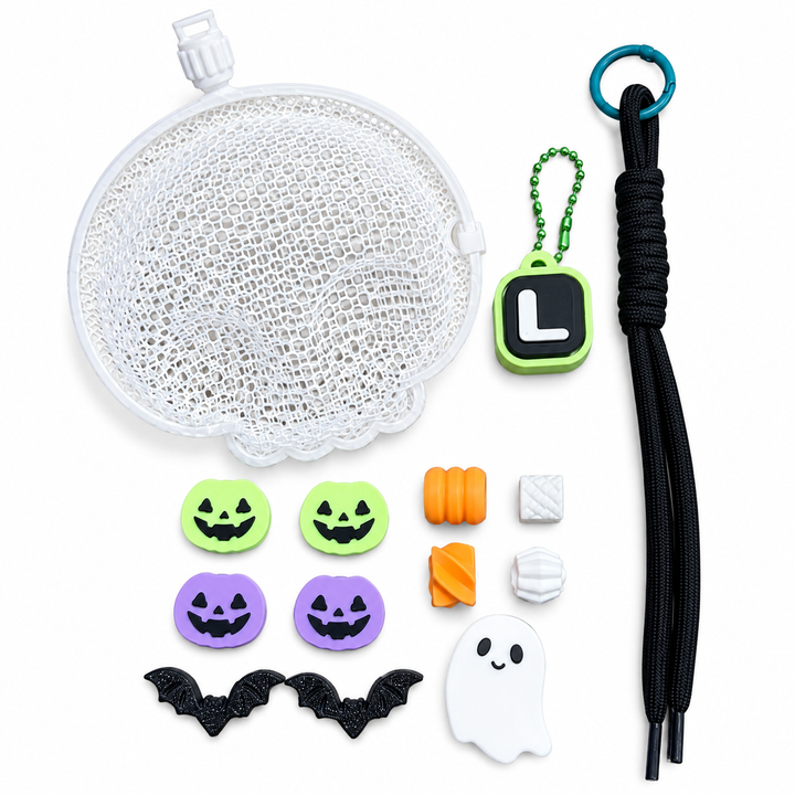 Boo & You DIY Halloween keychain kit with reusable case, initial clicker, black cord, pumpkins, bats, ghost and decorative beads.
