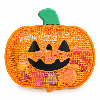 Orange pumpkin-shaped Halloween chalk case with chalk visible inside