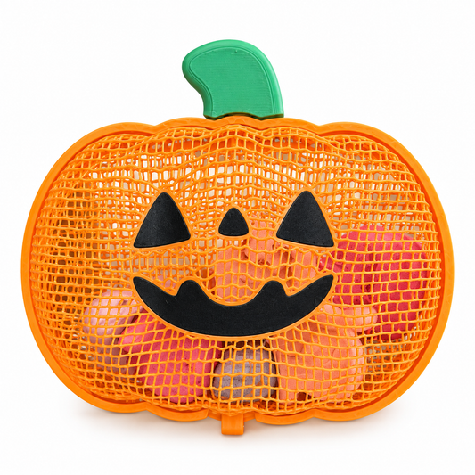 Orange pumpkin-shaped Halloween chalk case with chalk visible inside