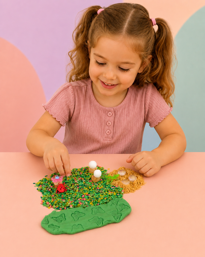 Child arranging the Bug Sensory Bin materials at a peach-colored table
