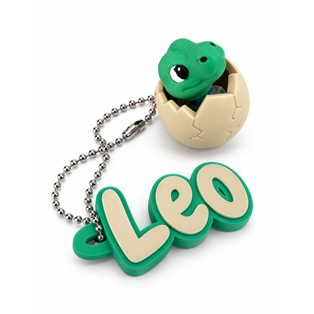 Dinosaur clicker paired with a personalized Leo name keychain, each with a silver ball chain