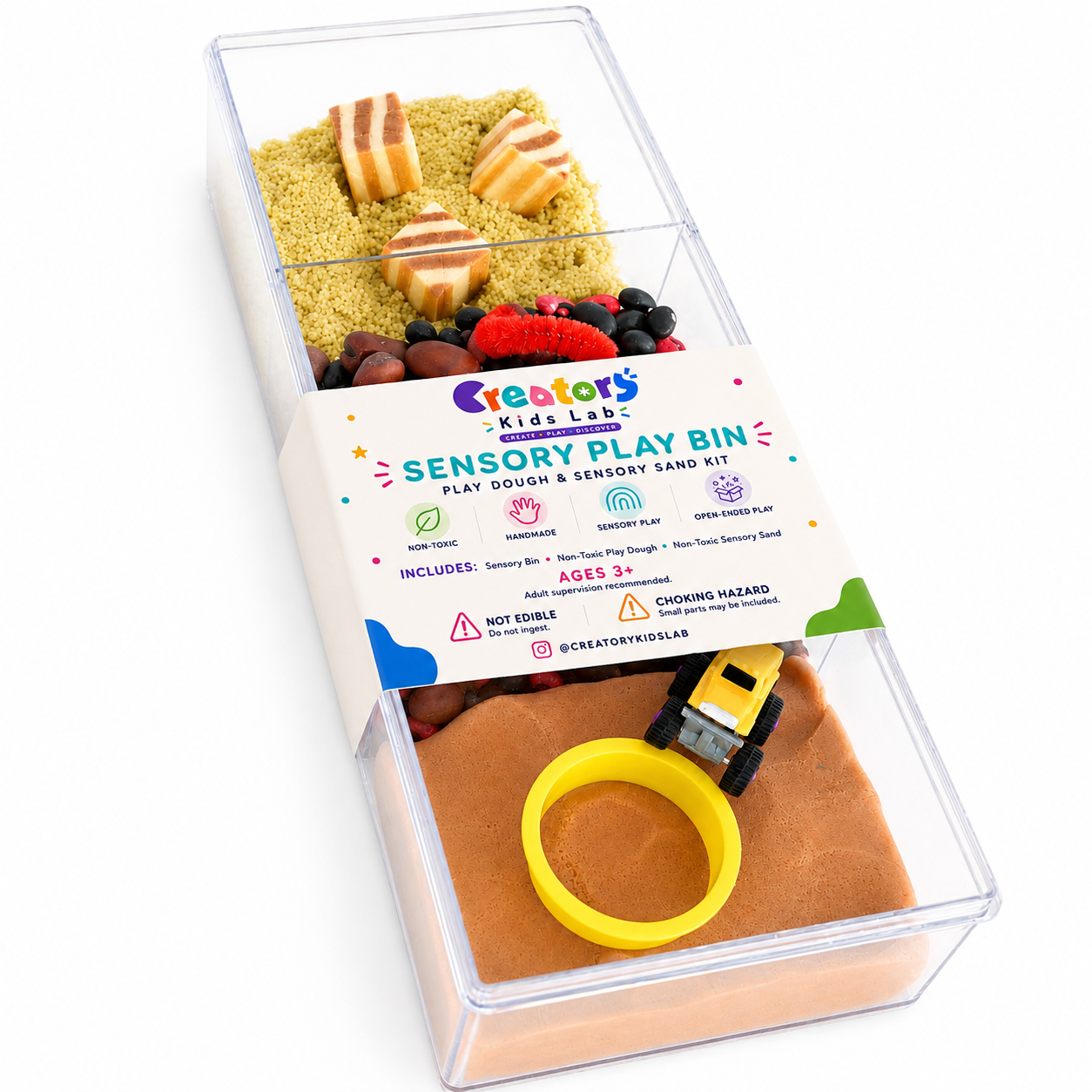 Construction Sensory Bin with play dough sand and digger toy