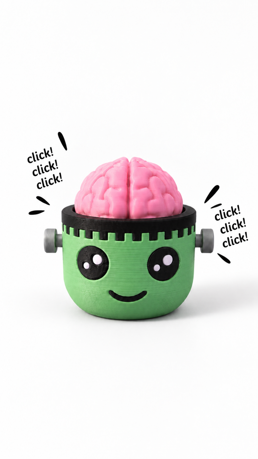 Frankie Brain Clicker with click lettering on a white background