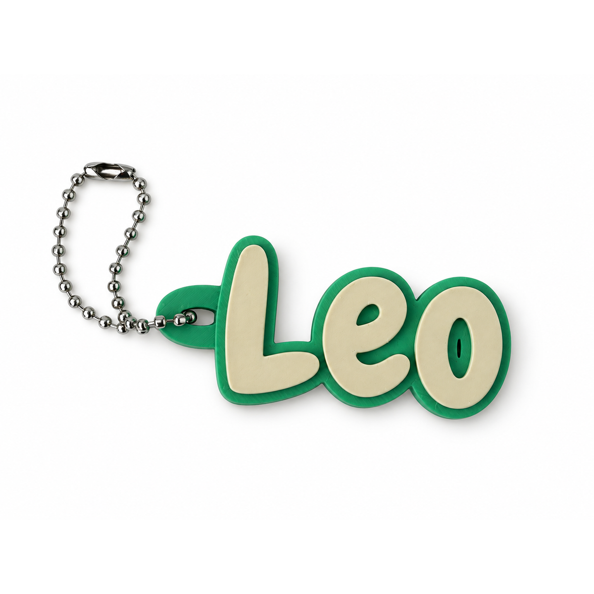 Top view of the Leo name keychain and silver ball chain