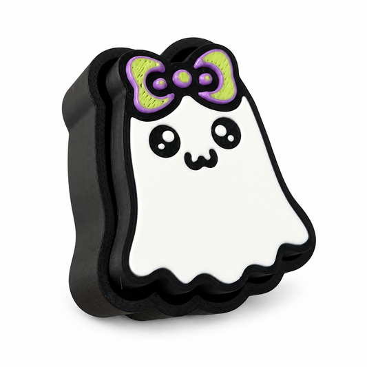 Boo Bow Ghost Fidget Clicker with purple-and-green bow on white