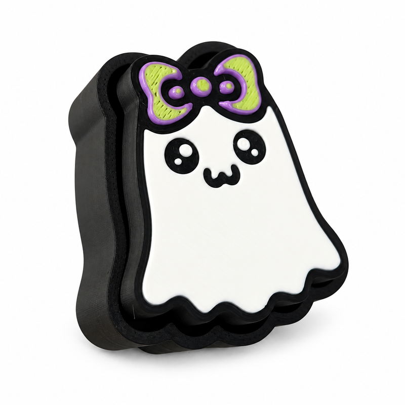 Boo Bow Ghost Fidget Clicker with purple-and-green bow on white