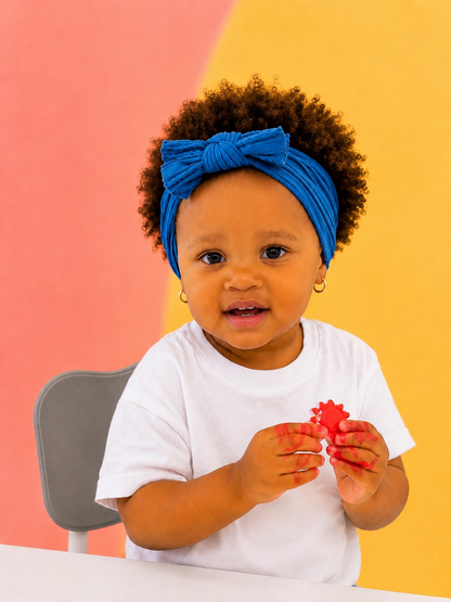 Child holding a small red painted craft piece against a colorful background