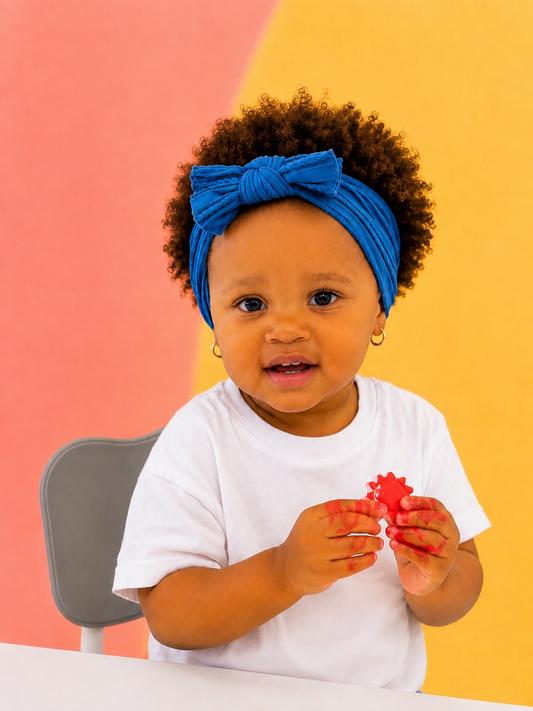 Child holding a small red painted craft piece against a colorful background