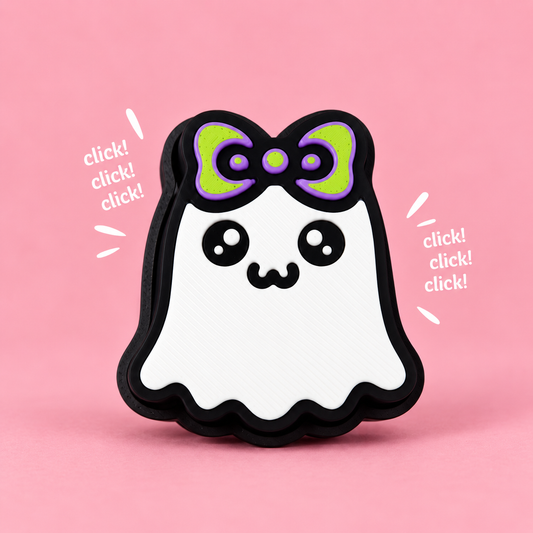 Boo Bow Ghost Fidget Clicker on a pink background with click lettering