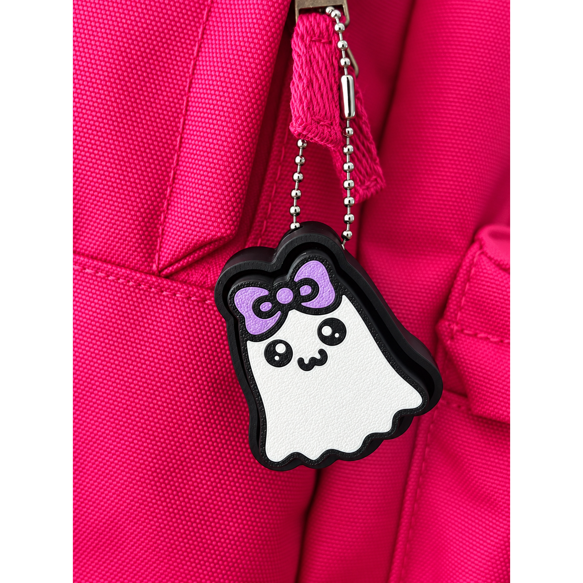 Boo Bow Ghost clicker with a purple bow attached to a pink backpack; backpack not included
