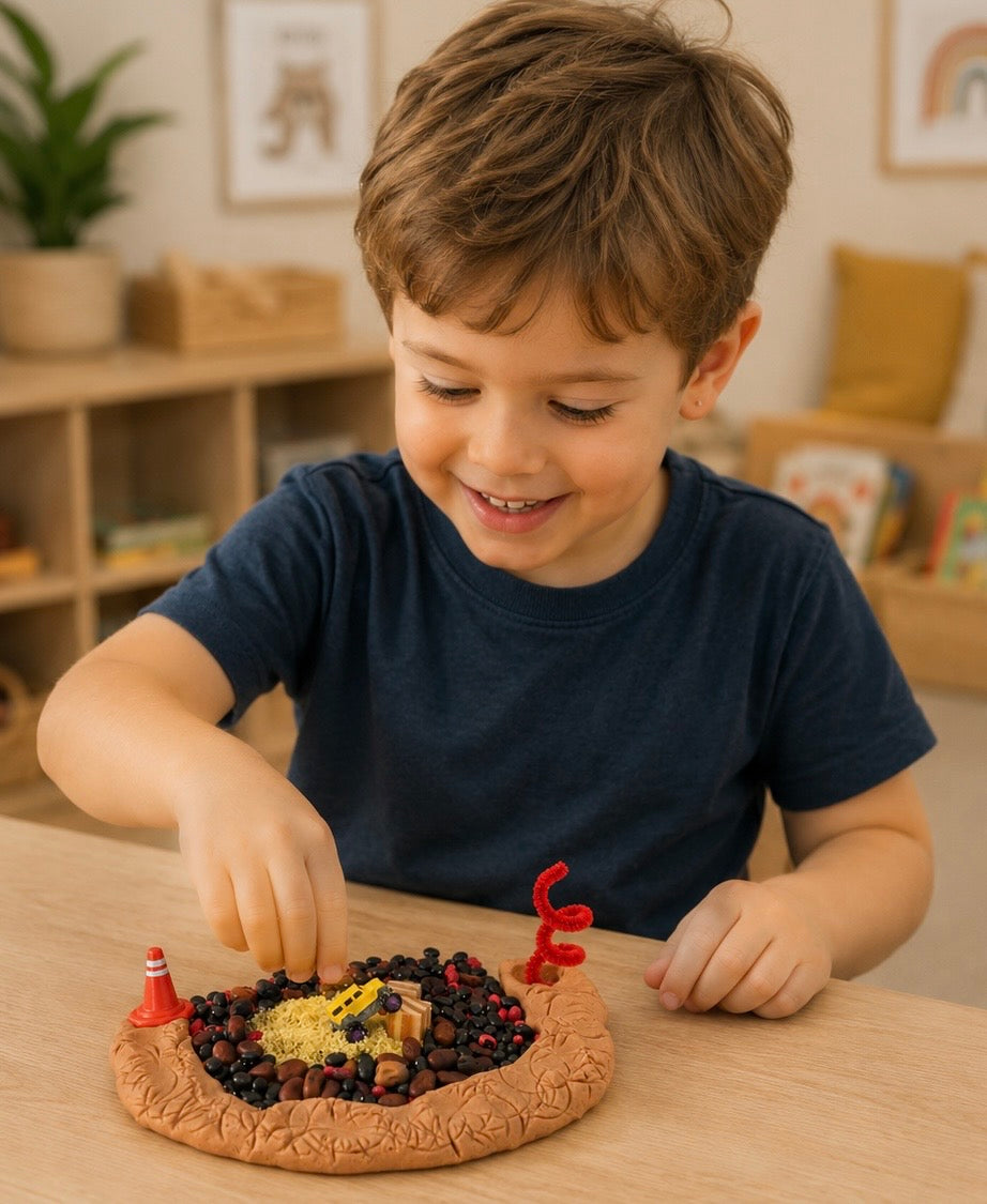 Construction sensory bin loose parts close-up