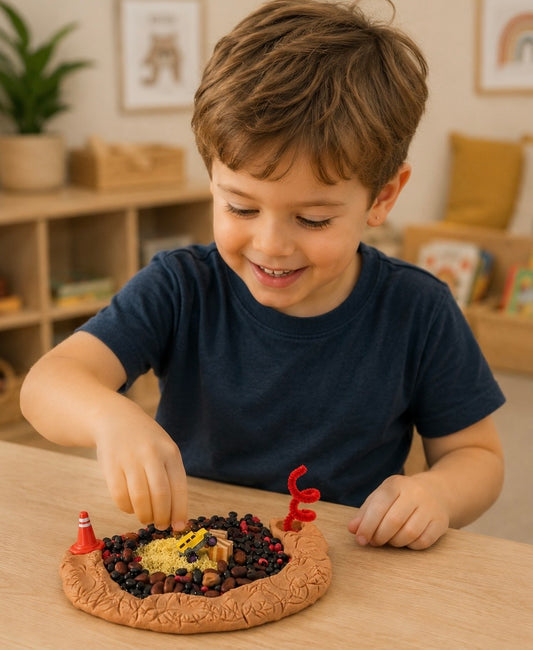 Construction sensory bin loose parts close-up