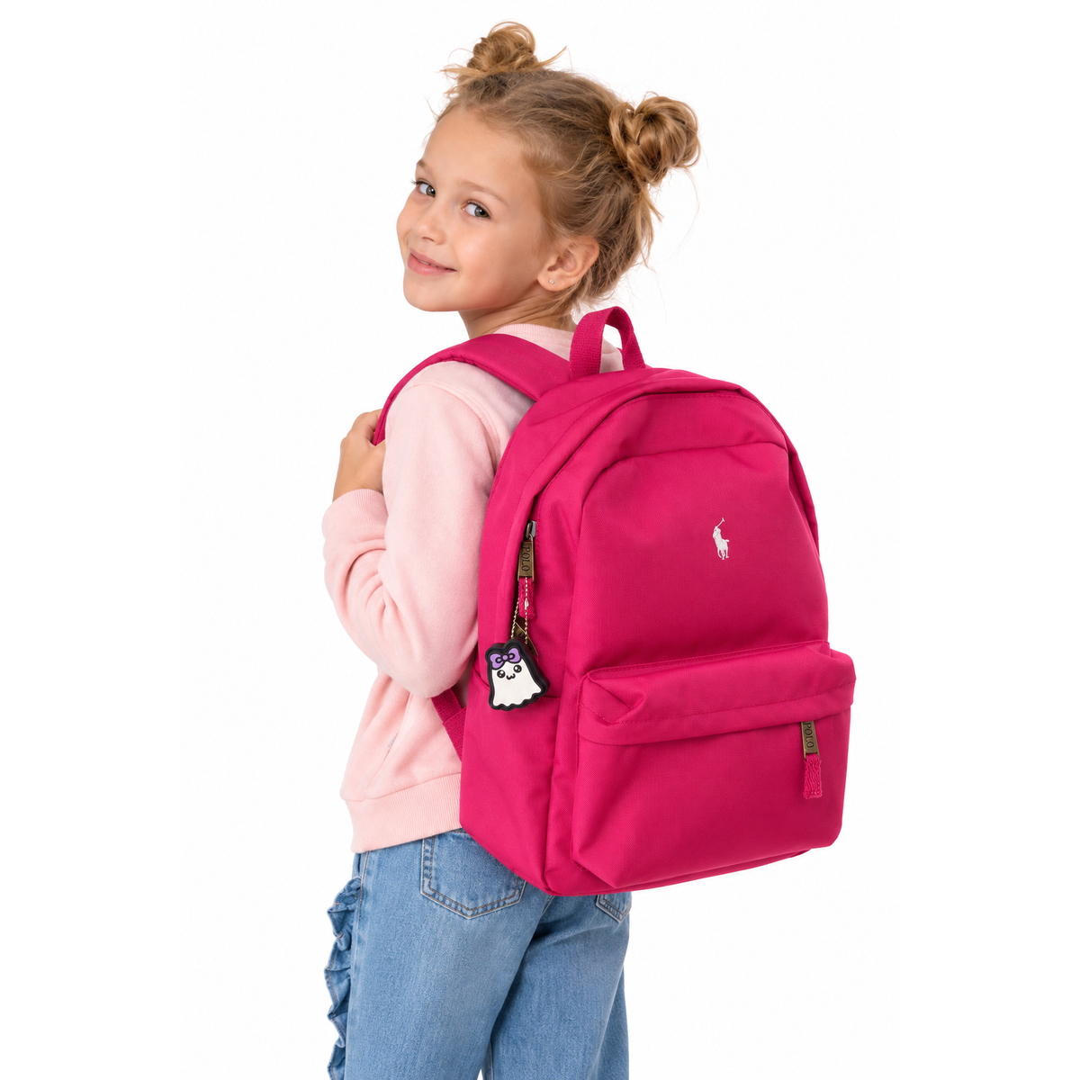 Boo Bow Ghost clicker shown on a pink backpack worn by a child; backpack not included