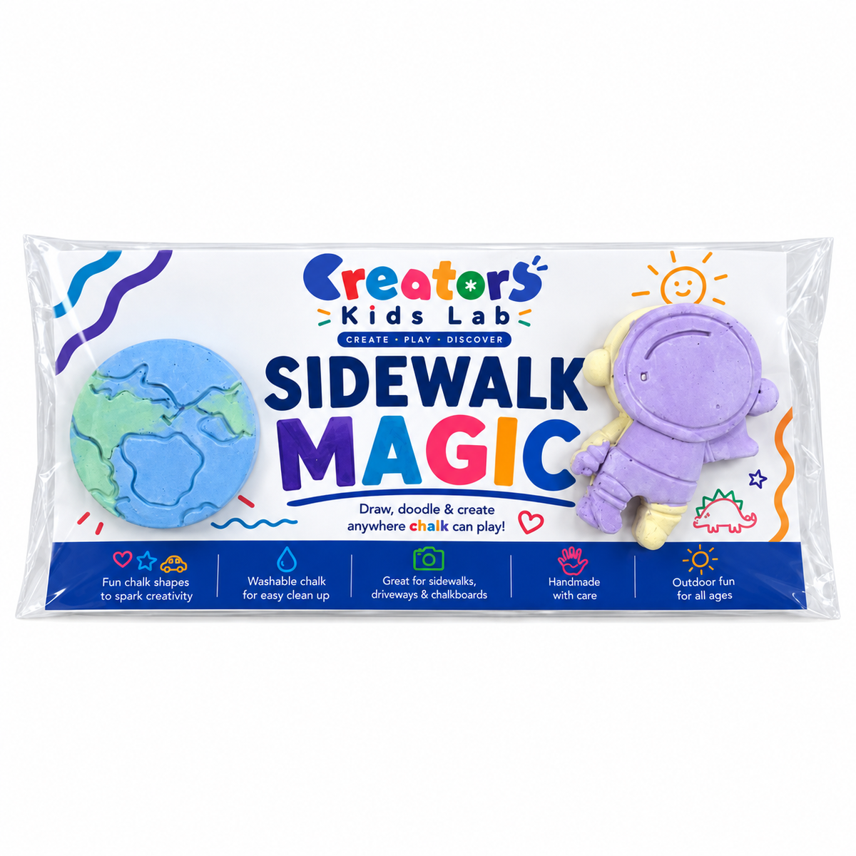 Packaged Cosmic Adventure Magic Chalk with an astronaut and Earth-shaped chalk