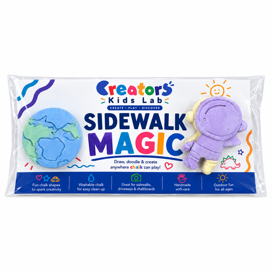 Packaged Cosmic Adventure Magic Chalk with an astronaut and Earth-shaped chalk