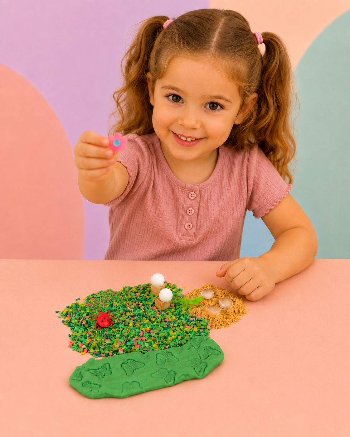 Bug-themed sensory bin loose parts and play dough close-up