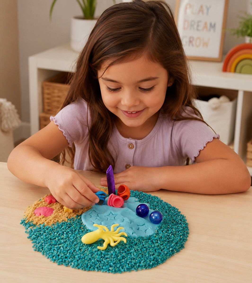 Ocean sensory bin loose parts with shells and coral