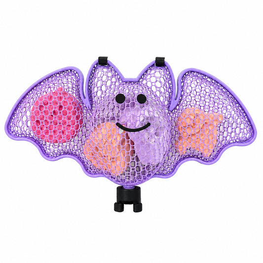 Closed purple bat-shaped chalk case with Halloween chalk inside
