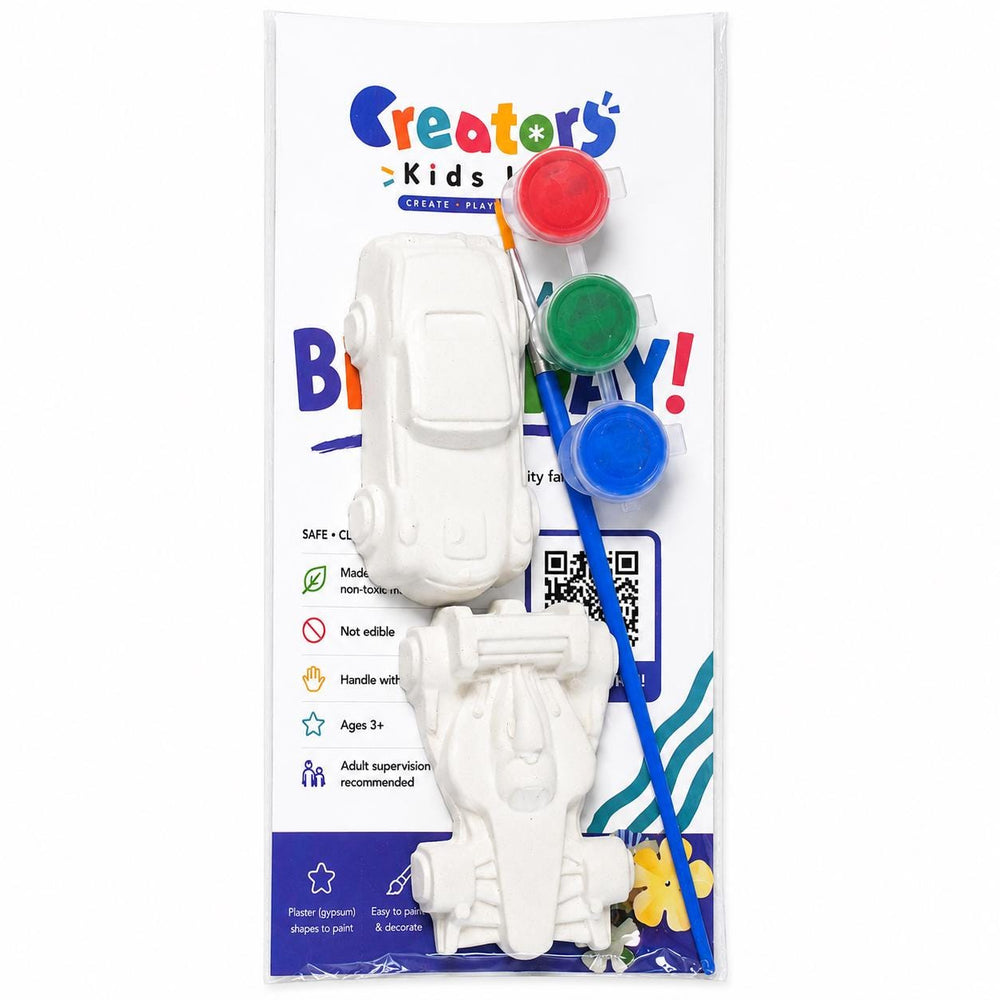 Alternate package view of the two unpainted cars with paint pots and brush