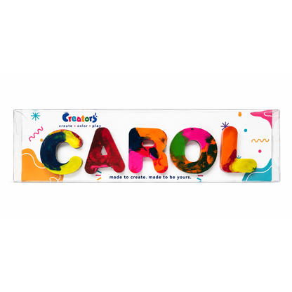 Packaged personalized name crayons spelling CAROL