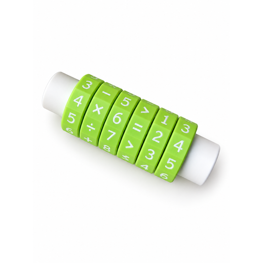 Green and white CREATORY Spin & Solve math activity with number and symbol rings