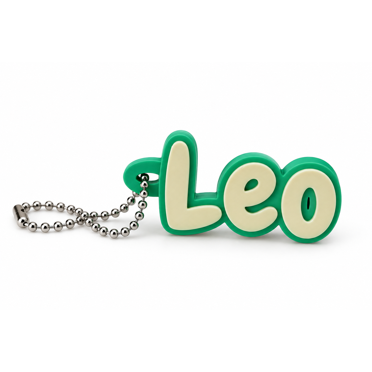 Personalized name keychain showing the example name Leo in cream on green