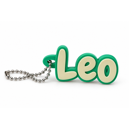 Personalized name keychain showing the example name Leo in cream on green