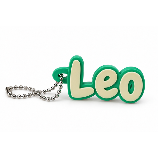 Personalized name keychain showing the example name Leo in cream on green