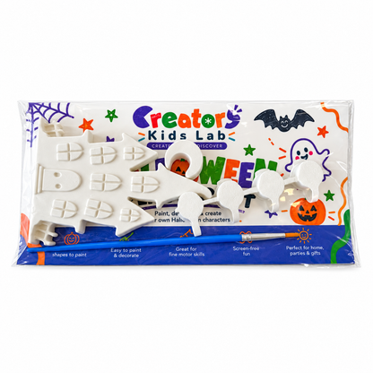 Haunted House & Moon Plaster Painting Kit package with the unpainted plaster shapes, four paint pots and a brush