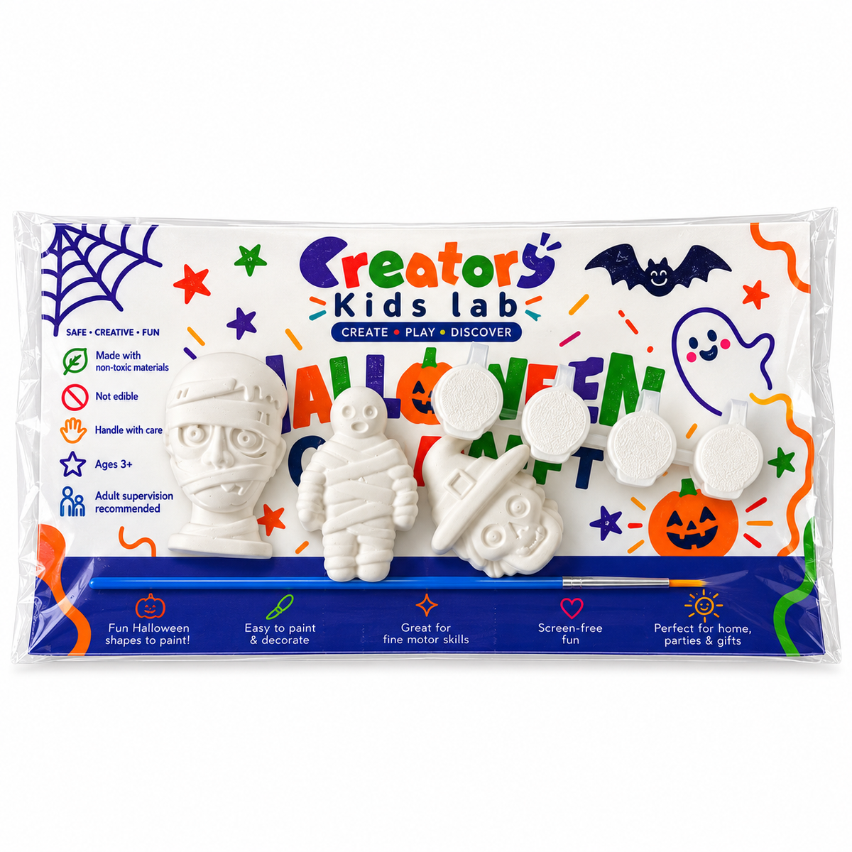 Mummies & Witch Skull Plaster Painting Kit package with the unpainted plaster shapes, four paint pots and a brush