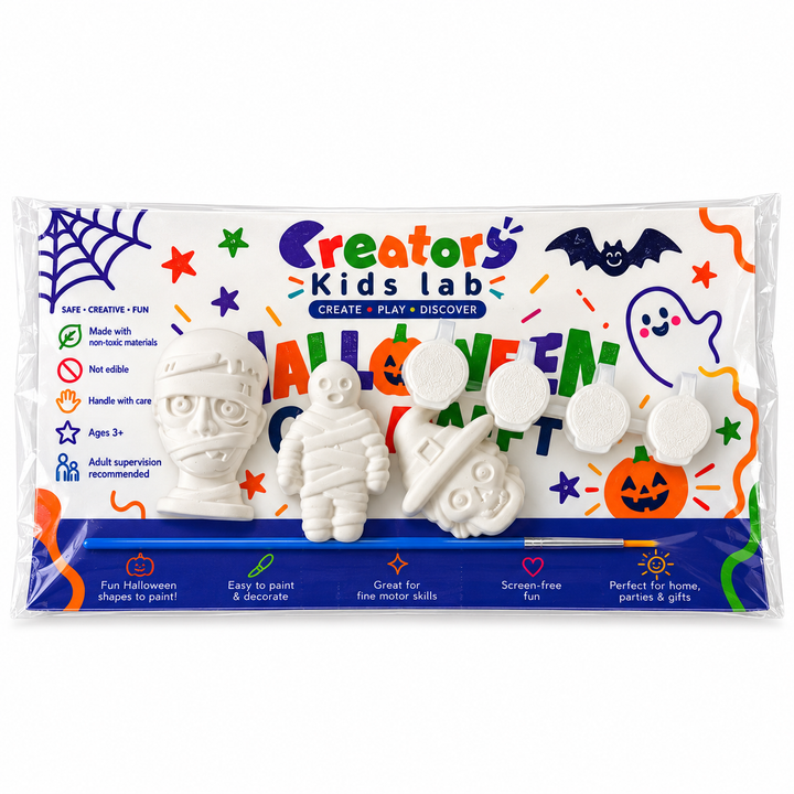 Mummies & Witch Skull Plaster Painting Kit package with the unpainted plaster shapes, four paint pots and a brush