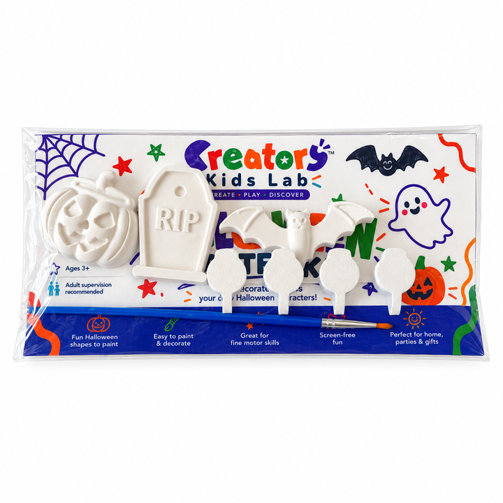 Pumpkin, Bat & Tombstone Plaster Painting Kit package with the unpainted plaster shapes, four paint pots and a brush