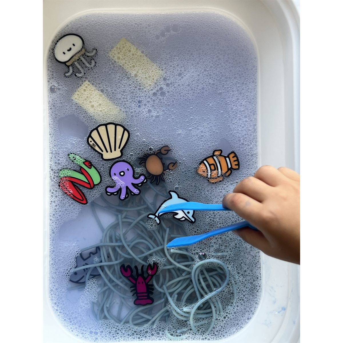 Ocean Discovery 3D Puzzle sea creatures in a sensory play setup; tray, tools, foam and filler not included