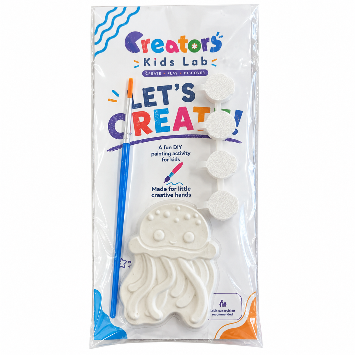 Jellyfish Plaster Painting Kit package with the unpainted plaster shape, four paint pots and a brush