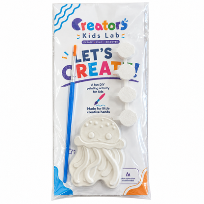 Jellyfish Plaster Painting Kit package with the unpainted plaster shape, four paint pots and a brush