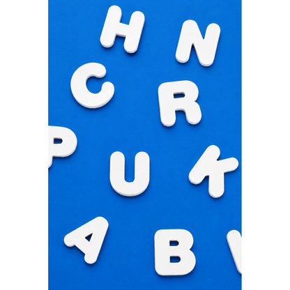 Unpainted plaster alphabet letters arranged on a blue background