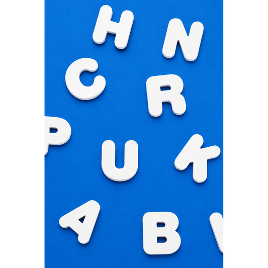 Unpainted plaster alphabet letters arranged on a blue background