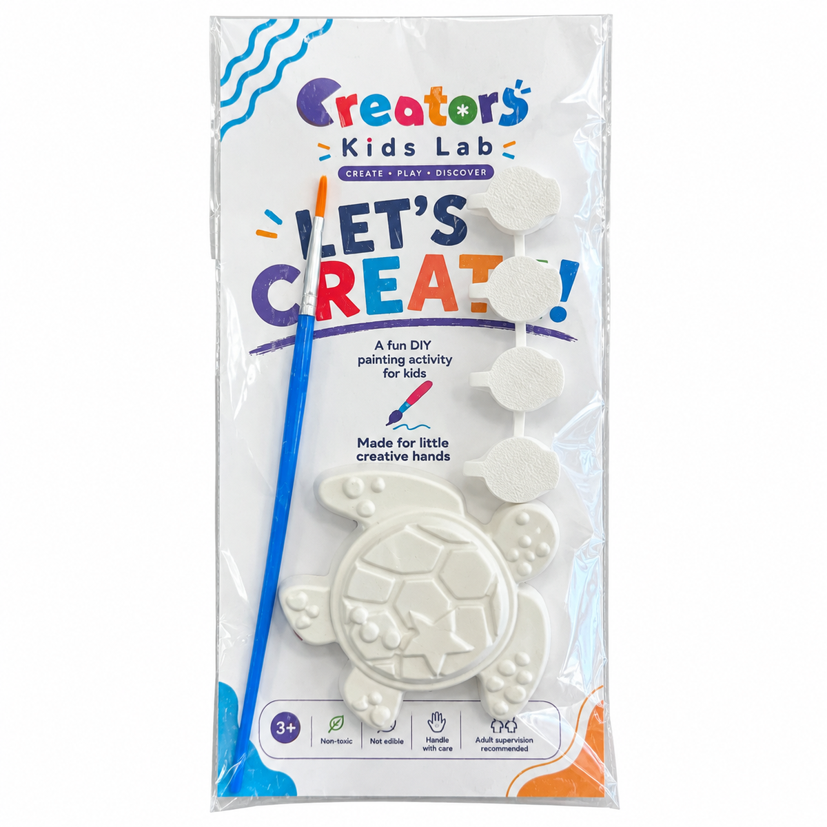 Sea Turtle Plaster Painting Kit package with the unpainted plaster shape, four paint pots and a brush