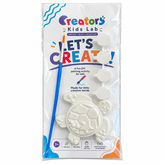 Sea Turtle Plaster Painting Kit package with the unpainted plaster shape, four paint pots and a brush