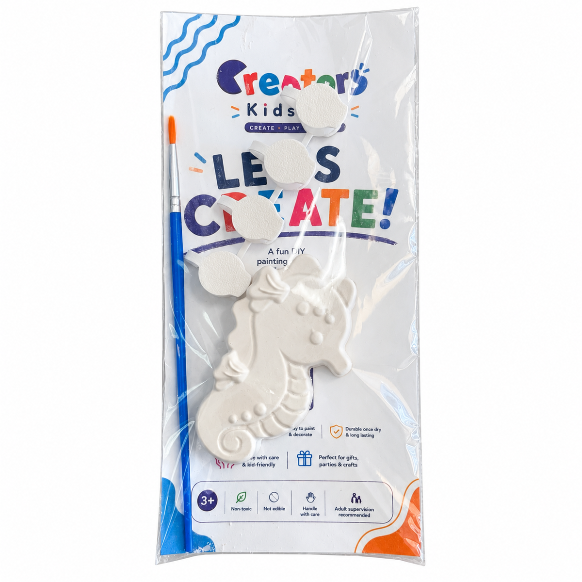 Seahorse Plaster Painting Kit package with the unpainted plaster shape, four paint pots and a brush