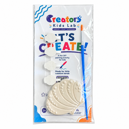 Seashell Plaster Painting Kit package with the unpainted plaster shape, four paint pots and a brush