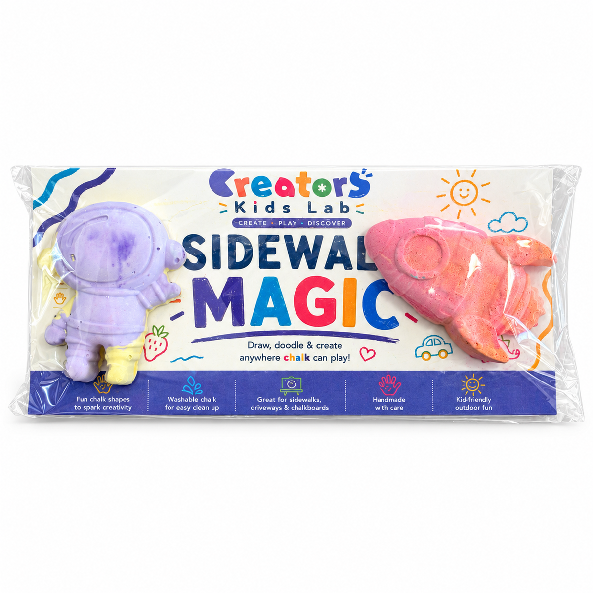 Astronaut and rocket Magic Chalk set in Creatory packaging with two colorful chalk shapes